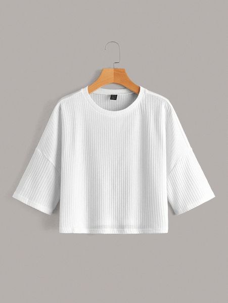 

ribbed knit solid drop shoulder crop u2vz#, White