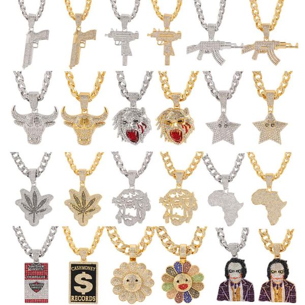 Anhänger Halsketten Iced Out Big Crystal Cuban Chain mit Joker Afrika Karte Gun Flower Animal Mode Charm Hip Hop SchmuckAnhänger HalskettenStift