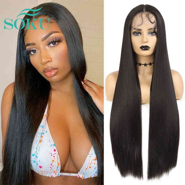 

synthetic lace front wig long straight dark brown color with baby hair heat ristant fiber middle part lace wig for black women, Golden;white