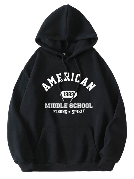 

letter graphic kangaroo pocket drawstring thermal hoodie s4mm#, Black