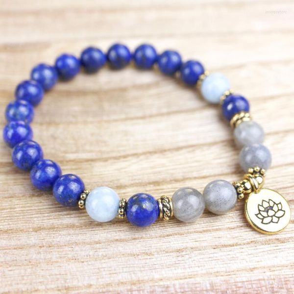 Cadeia de ligação MG1337 A GRAY LAZULI LAZULI LAZULI MALA BRACELETA LABRIdorite Healing Energy Meditation Beads Jóias INTE22