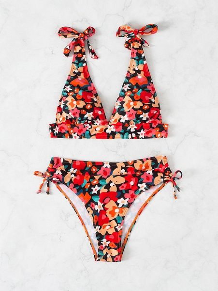 

allover floral knot shoulder bikini swimsuit u6rf#, White;black