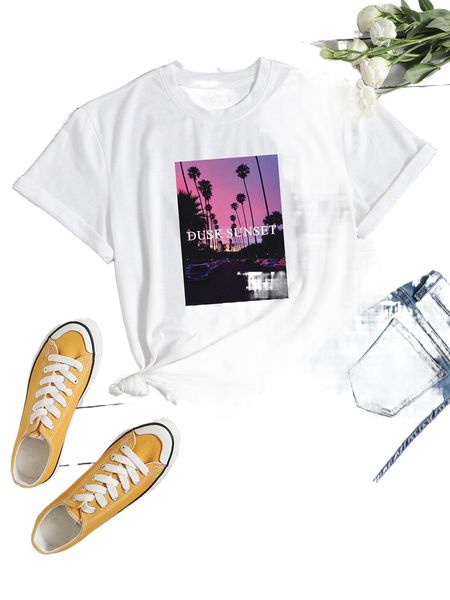

letter & palm tree print tee e71r#, White