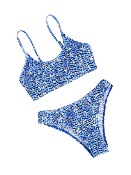 

floral print smocked bikini swimsuit y5is#, White;black