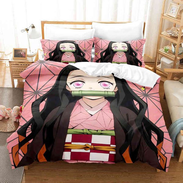 Nezuko Kamado Bettwäsche-Set Anime Demon Slayer Bettbezug Tröster Bett Single Twin Full Queen Size 3D Jugend Kinder Mädchen Jungen Geschenk