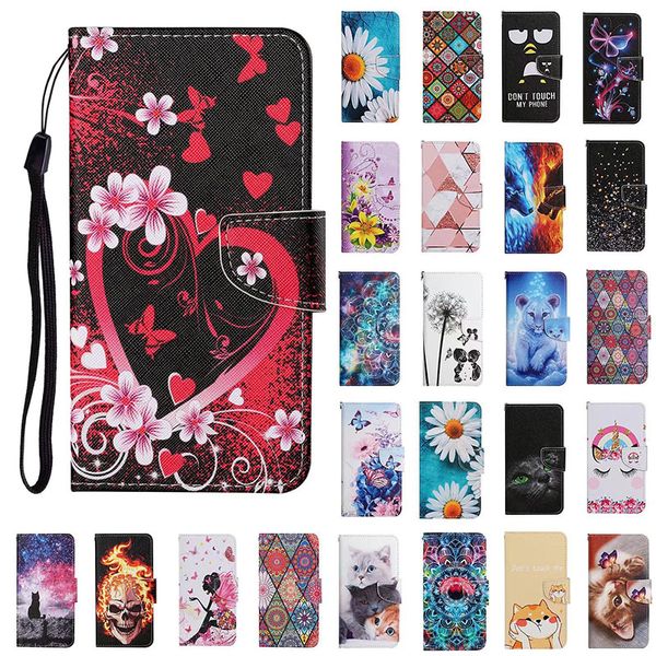 Capas de couro da carteira dos desenhos animados para iPhone 13 Pro Max 12 Mini 11 XR 6G 7G 8G Flower Flor Borboleta Cat Skull Mármore Capa de Telefone