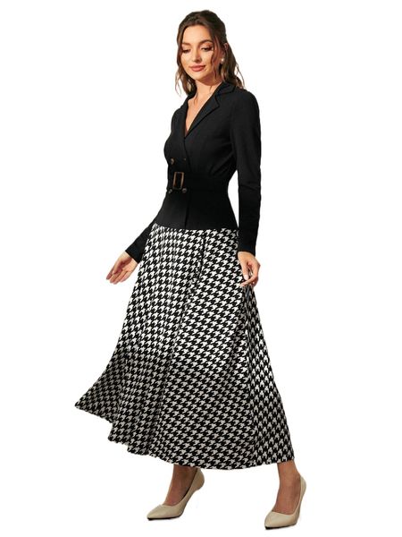 

houndstooth print button front belted dress 67xt#, Black;gray