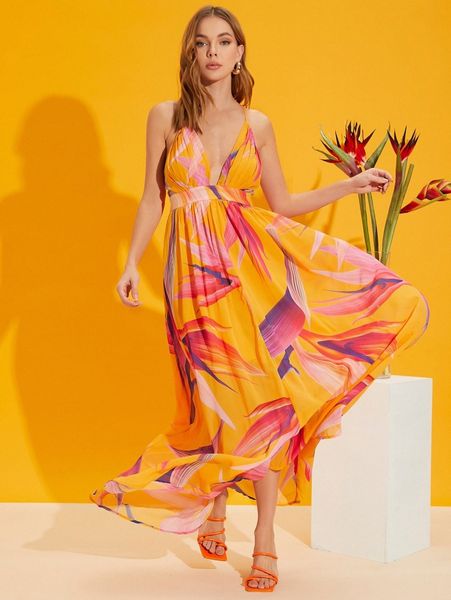 

birds of paradise floral open-back maxi dress i8m4#, Black;gray