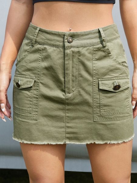 

flap pocket raw hem skirt i6vp#, Black