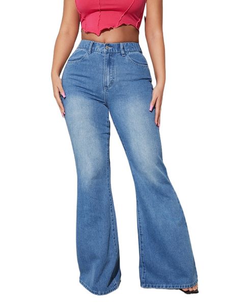 

high waisted zip fly flare leg jeans y95r#, Blue