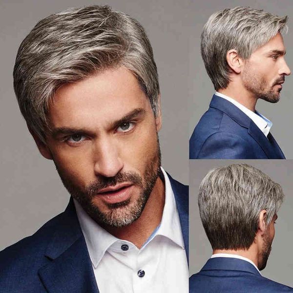 

nxy wigs men's wig synthetic fiber headgear fashion silver grey short hair cover, Black