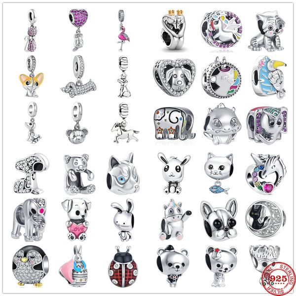 925 Ayar Gümüş Dangle Charm Yeni Köpek Kedi Penguen Unicorn Kuğu Fil Kolye Boncuk Boncuk Fit Pandora Charms Bilezik DIY Takı Aksesuarları