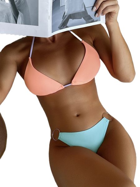 

color block ring linked halter bikini swimsuit x1hr#, White;black