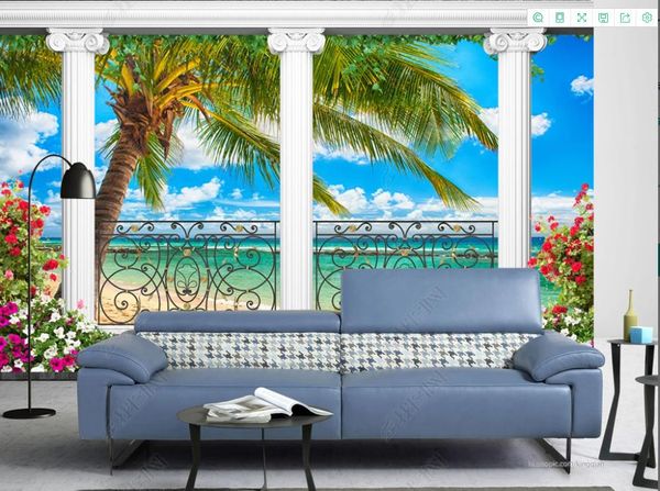 Wandbild an der Wand 3D Tapete Wohnzimmer Schlafzimmer Römische Säule Balkon Strand Meerescape Hintergrund Wandgemälde Tapeten Tapeten