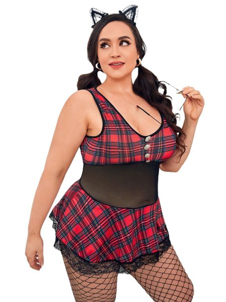 

plus tartan lace hem school girl costume dress q1op#, Black;white