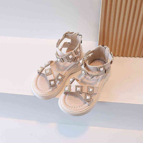 

exquisite princess roman shoes 2022 kids fashion beige versatile summer new open toe children rhinestone back zip girls sandals g220512, Black;red