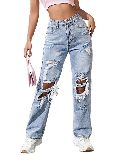 

ripped cut out straight leg jeans x2d8#, Blue