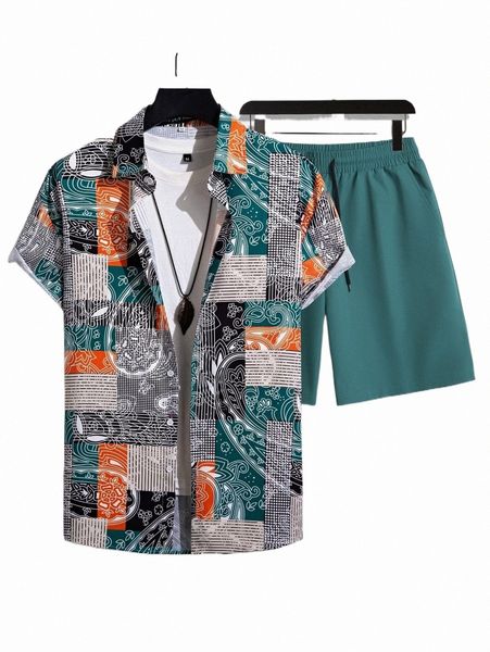 

men random patchwork print shirt & drawstring waist shorts without tee h0gy#, Gray