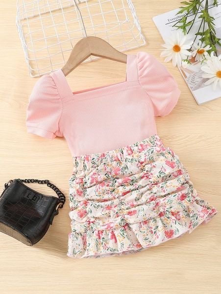 

little girl's bubble sleeve and printed ruffle skirt she, White