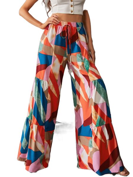 

luukse geo print knot front wide leg pants d6bg#, Black;white