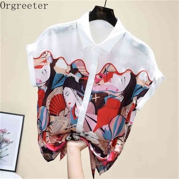 

vintage print chiffon blouse women korean short sleeve elegant shirt modis summer blusa mujer de moda 210602, White