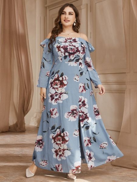 

plus floral print off shoulder ruffle trim split thigh dress 31v6#, Black