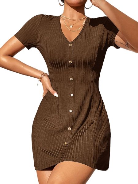 

petite rib-knit fake buttons dress j8oo#, Black;gray