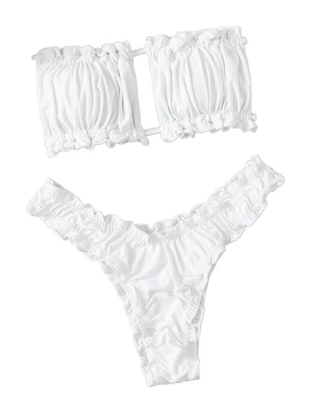 

ruched frill trim bandeau bikini swimsuit s3nm#, White;black