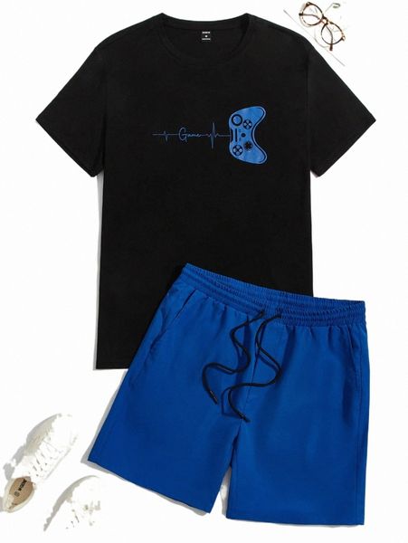 

men gamepad & letter graphic tee & drawstring waist shorts a6vo#, Gray