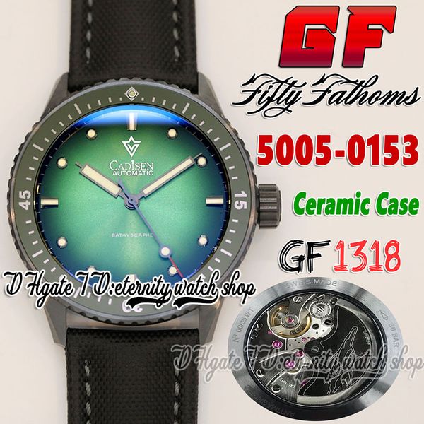 

gf fifty fathoms bathyscaphe cal.1318 gf1318 automatic mens watch 43mm gf5005-0153 aurora green dial black ceramic case canvas strap super e, Slivery;brown