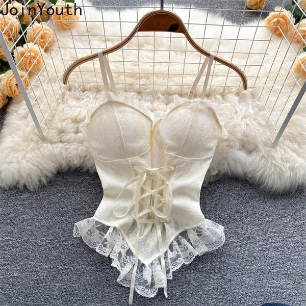 

y2k blouses crop women corset lace bandage t-shirt camisole woman lace-up sling tank fashion sleeveless waistcoat 220407, White