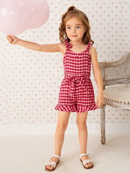 

toddler girls gingham print bow detail belted ruffle hem romper she, Blue