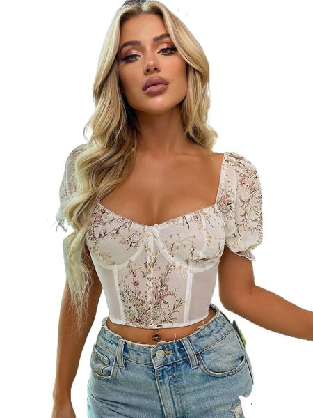

puff sleeve embroidered flower milkmaid d4fo#, White