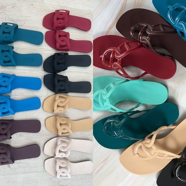 

fashion in the loop chain jelly designer slippers woman summer luxurys pvc beach slides thong sandales flat flip flops hollow out beach shoe, Black