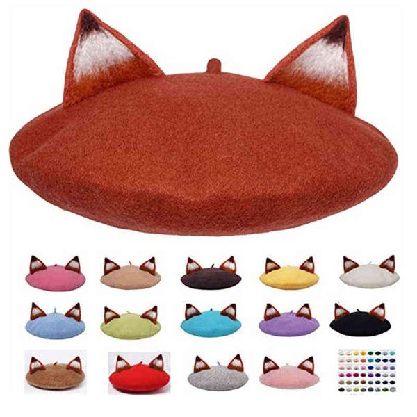 New Handmade Wool Girl Autunno e inverno Beret Cute Cartoon Fox Ears Warm Women Painter Hat Beretki J220722