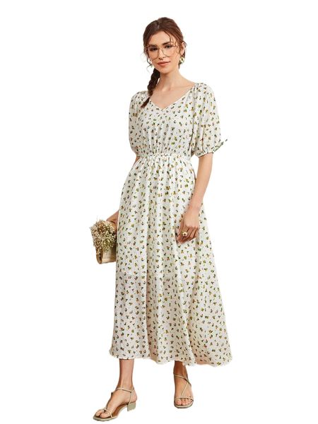 

v-neck puff sleeve ditsy floral dress d5i4#, Black;gray