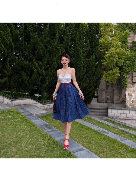 

skirts vintage original classic pin up pictorial girl blue white wave dot pleated skirt b4i7, Black