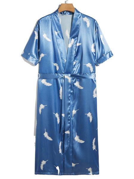 

men feather print belted sleep robe x7ub#, Black;brown