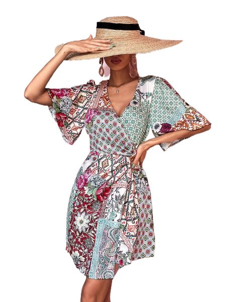 

geo and floral print flutter sleeve tie side wrap dress w4nw#, Black;gray