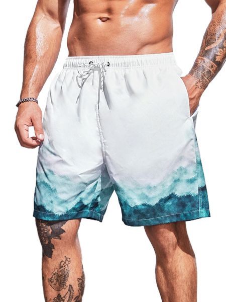 

extended sizes men mountain print drawstring waist swim trunks d9gi#, White;black