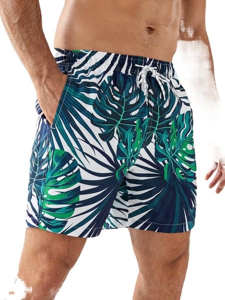 

men tropical print drawstring waist swim trunks r0ns#, White;black
