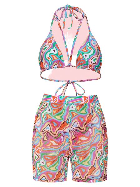 

fluid pattern halter triangle bikini swimsuit & beach shorts k4ga#, White;black