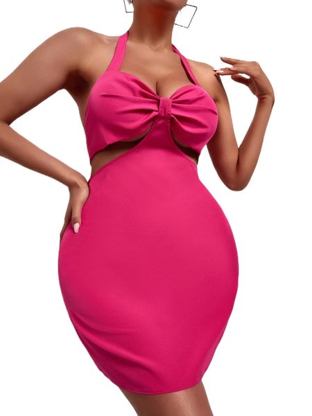 

backless knot halter neck bodycon dress 93br#, Black;gray