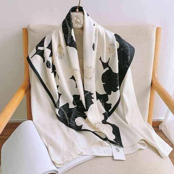 

spring and summer new twill silk large square scarf flower printing simulation silk scarf female white-collar temperament scarf shawl, Blue;gray