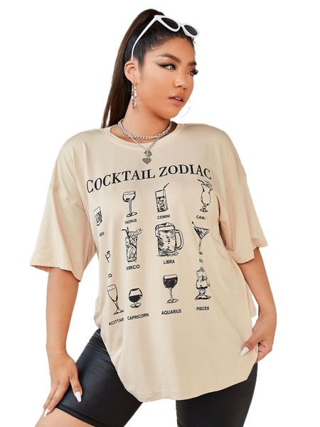 

plus goblet & letter graphic drop shoulder tee p681#, Black