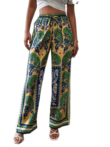 

paisley & floral print tie front wide leg pants r1wd#, Black;white