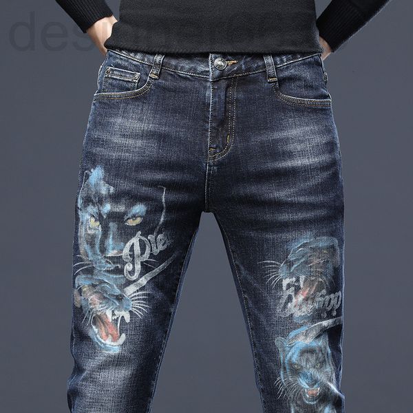 

men's jeans designer a printed pants fashion brand slim fit small feet casual embroidered autumn and winter nhrr, Blue