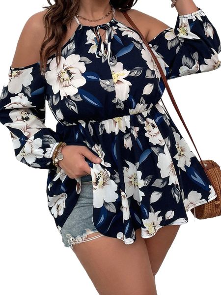 

plus floral print knot front cold shoulder blouse 97io#, Black