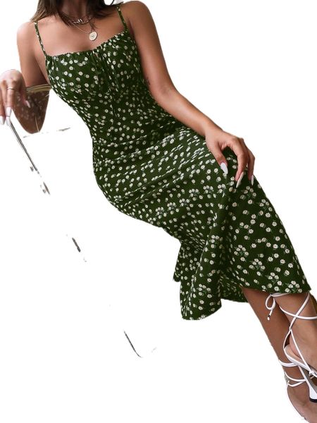 

ditsy floral print tie front cami dress 64be#, Black;gray