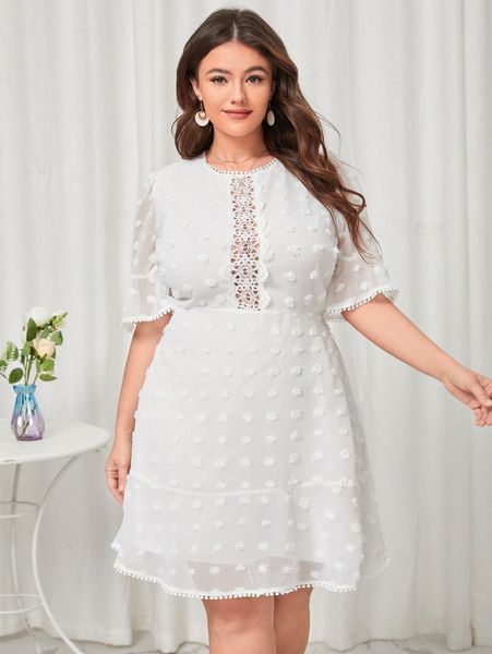 

plus swiss dot contrast lace ruffle hem dress m3v8#, Black